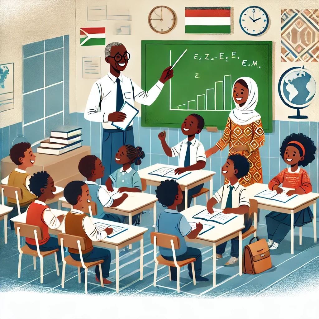 DALL·E 2024-07-05 14.29.41 - A joyful classroom scene with young students being taught by an adult teacher, set in an African country. The students are African-American,